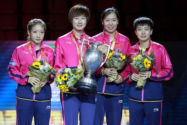 WTTC 2015: Women's Singles ceremony (Liu Shiwen, Ding Ning, Li Xiaoxia, Mu Zi) - by courtesy of ITTF