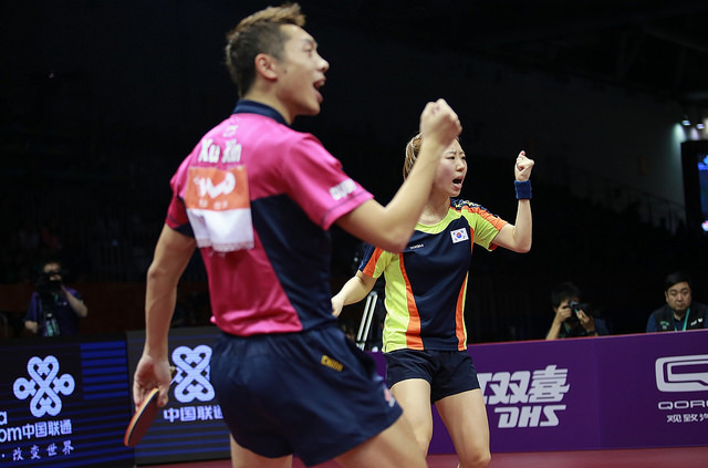 WTTC 2015: Mixed Doubles World Champions Xu Xin and Yang Haeun - by courtesy of ITTF