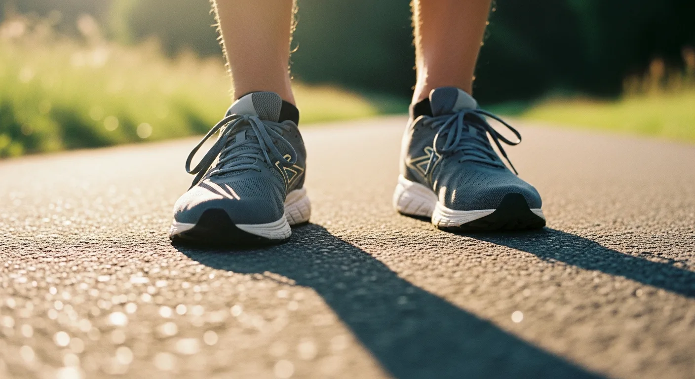 Nahaufnahme gut sitzender Laufschuhe auf sonnigem Weg
