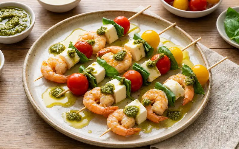 Brochetas frescas de langostinos, mozzarella y cherry