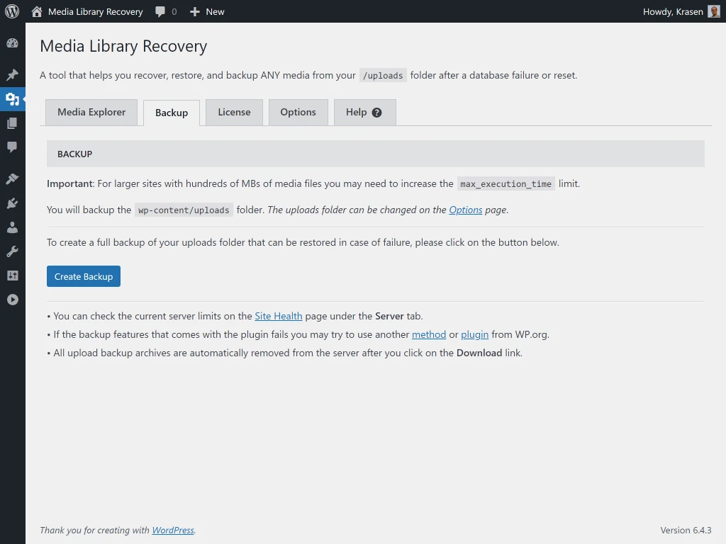 Media library recovery for WordPress feature plugin backup