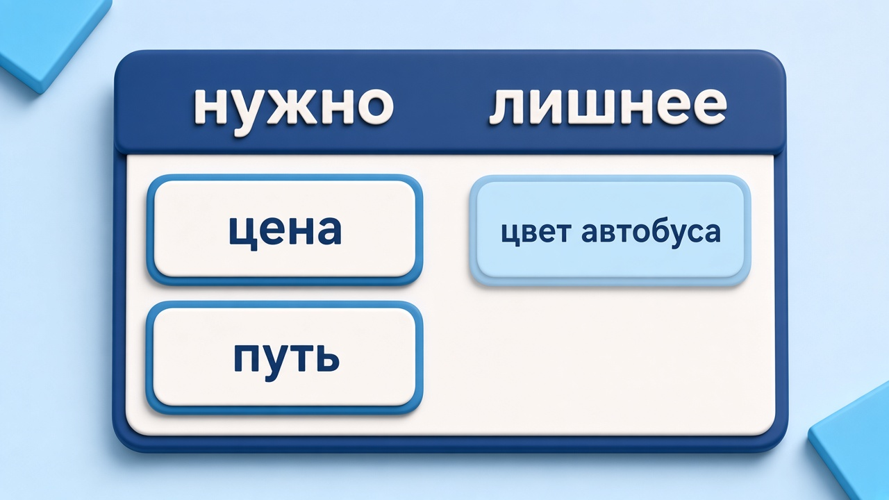 Нужно: цена и путь. Лишнее: цвет автобуса