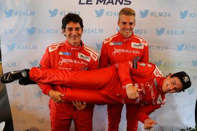 DOMINIK KRAIHAMER, ANDREA BELICCHI, FABIO LEIMER, DRIVERS OF THE CAR #13 LMP1 (WEC) REBELLION RACING DURING THE SCRUTINEERING - 24 HEURES DU MANS AT PLACE DE LA REPUBLIQUE - LE MANS - FRANCE