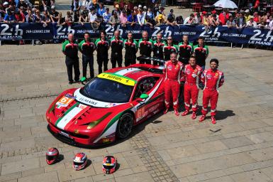 LUIS PEREZ COMPANC, MARCO CIOCI, MIRKO VENTURI, DRIVERS OF THE CAR #61 LMGTE AM (WEC) AF CORSE DURING THE SCRUTINEERING - 24 HEURES DU MANS AT PLACE DE LA REPUBLIQUE - LE MANS - FRANCE