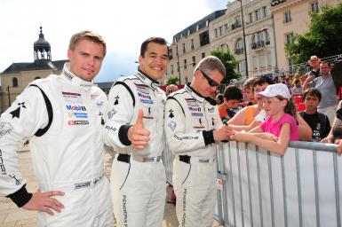 FRANCOIS PERRODO, EMMANUEL COLLARD, MARKUS PALTTALA, DRIVERS OF THE CAR CAR #75 LMGTE PRO (WEC) PROSPEED COMPETITION DURING THE SCRUTINEERING - 24 HEURES DU MANS AT PLACE DE LA REPUBLIQUE - LE MANS - FRANCE