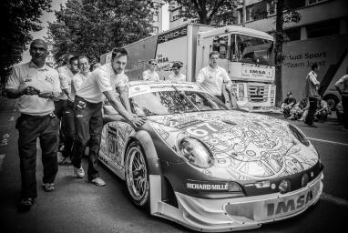 Car #67 LMGTE AM (ELMS) IMSA Performance Matmut arrives at the scrutineering - 24 Heures Du Mans at Place de la  Republique - Le Mans - France 