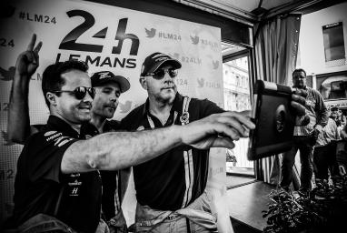 Paul Dalla-Lana, Pedro Lamy, Christoffer Nygaard, drivers of car #98 LMGTE AM (WEC) Aston Martin Racing, take a selfie during the scrutineering - 24 Heures Du Mans at Place de la  Republique - Le Mans - France 