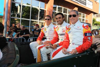 ABDULAZIZ TURKI  ALFAISAL, SEITH NEIMAN, SPENCER PUMPELLY, DRIVERS OF THE CAR #66 LMPGTE AM JMW MOTORSPORT DURING THE PARADE - 24 HEURES DU MANS 2014