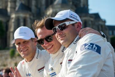 JOERG BERGMEISTER, PATRICK PILET, NICK TANDY, DRIVERS OF THE CAR #91 LMGTE PRO (WEC) PORSCHE TEAM MANTHEY DURING THE PARADE - 24 HEURES DU MANS 2014