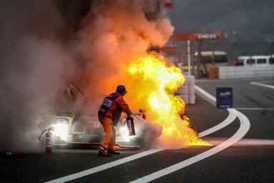 James Rossiter (GBR) / Pierre Kaffer (DEU) / Christopher Bouchut (FRA) / drivers of car #9 LMP1 LOTUS (ROU) Lotus T129 - AER Pit Lane Fire - 6 Hours of Fuji at Fuji Speedway - Shizuoka Prefecture - Japan