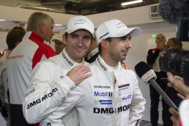 Romain Dumas9 FRA) and Neel Jani (CHE) celebrate achieving pole (Romain Dumas (FRA) / Neel Jani (CHE) / Marc Lieb (DEU) / Car #14 LMP1 Porsche Team (DEU) Porsche 919 Hybrid Qualifying - LMP1 & LMP2 - 6 Hours of Shanghai at Shanghai International Circuit -