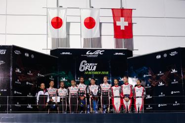 Podium - #7 TOYOTA GAZOO RACING / JPN / Toyota TS050 - Hybrid - Hybrid / Mike Conway (GBR) / Kamui Kobayashi (JPN) / Jose Maria Lopez (ARG) - #8 TOYOTA GAZOO RACING / JPN / Toyota TS050 - Hybrid - Hybrid / Sebastien Buemi (CHE) / Fernando Alonso (ESP) / Kazuki Nakajima (JPN) - #1 REBELLION RACING / CHE / Rebellion R-13 -Gibson - Neel Jani (CHE) / Andre Lotterer (DEU) / Bruno Senna (BRA) -6 hours of Fuji - Fuji Speedway - Oyama - Japan -