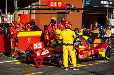 51 PIER GUIDI Alessandro (ita), CALADO James (gbr), GIOVINAZZI Antonio (ita), Ferrari AF Corse, Ferrari 499P #51, Hypercar, action pit stop during the 2024 TotalEnergies 6 Hours of Spa-Francorchamps, 3rd round of the 2024 FIA World Endurance Championship, from May 8 to 11, 2024 on the Circuit de Spa-Francorchamps in Stavelot, Belgium - Photo Julien Delfosse / DPPI