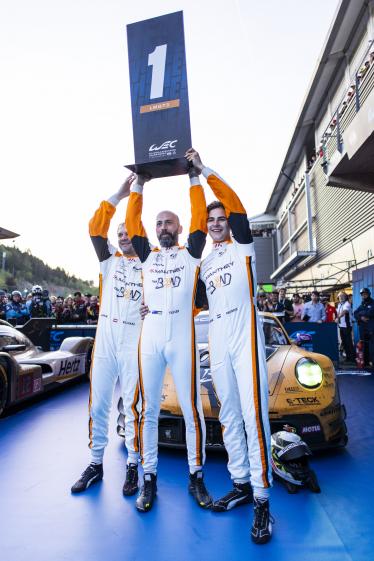 91 LIETZ Richard (aut), SCHURING Morris (nld), SHAHIN Yasser (aus), Manthey EMA, Porsche 911 GT3 R #91, LM GT3, celebrating their win during the 2024 TotalEnergies 6 Hours of Spa-Francorchamps, 3rd round of the 2024 FIA World Endurance Championship, from May 8 to 11, 2024 on the Circuit de Spa-Francorchamps in Stavelot, Belgium - Photo Julien Delfosse / DPPI