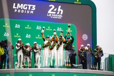 Podium, 91 LIETZ Richard (aut), SCHURING Morris (nld), SHAHIN Yasser (aus), Manthey EMA, Porsche 911 GT3 R #91, LM GT3, FIA WEC, 31 FARFUS Augusto (bra), GELAEL Sean (ind), LEUNG Darren (gbr), Team WRT, BMW M4 GT3 #31, LM GT3, FIA WEC, 88 OLSEN Dennis (dnk), PEDERSEN Mikkel (dnk), RODA Giorgio (ita), Proton Competition, Ford Mustang GT3 #88, LM GT3, FIA WEC  during the podium of the 2024 24 Hours of Le Mans, 4th round of the 2024 FIA World Endurance Championship, on the Circuit des 24 Heures du Mans, from June 15 to 16, 2024 in Le Mans, France - Photo Marcel Wulf / DPPI