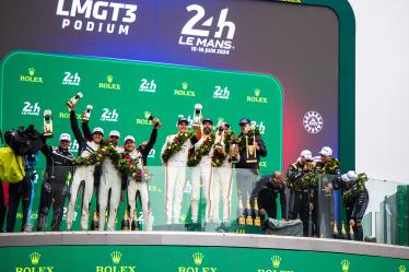 Podium, 91 LIETZ Richard (aut), SCHURING Morris (nld), SHAHIN Yasser (aus), Manthey EMA, Porsche 911 GT3 R #91, LM GT3, FIA WEC, 31 FARFUS Augusto (bra), GELAEL Sean (ind), LEUNG Darren (gbr), Team WRT, BMW M4 GT3 #31, LM GT3, FIA WEC, 88 OLSEN Dennis (dnk), PEDERSEN Mikkel (dnk), RODA Giorgio (ita), Proton Competition, Ford Mustang GT3 #88, LM GT3, FIA WEC  during the podium of the 2024 24 Hours of Le Mans, 4th round of the 2024 FIA World Endurance Championship, on the Circuit des 24 Heures du Mans, from June 15 to 16, 2024 in Le Mans, France - Photo Marcel Wulf / DPPI