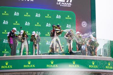 Podium, 183 PERRODO François (fra), BARNICOAT Ben (gbr), VARRONE Nicolas (arg), AF Corse, Oreca 07 - Gibson #183, LMP2 PRO/AM, 14 HYETT PJ (usa), DELETRAZ Louis (swi), QUINN Alex (gbr), AO by TF, Oreca 07 - Gibson #14, LMP2 PRO/AM, 33 MATTSCHULL Alexander (ger), BINDER René (aut), HORR Laurents (ger), DKR Engineering, Oreca 07 - Gibson #33, LMP2 PRO/AM,  during the podium of the 2024 24 Hours of Le Mans, 4th round of the 2024 FIA World Endurance Championship, on the Circuit des 24 Heures du Mans, from June 15 to 16, 2024 in Le Mans, France - Photo Marcel Wulf / DPPI