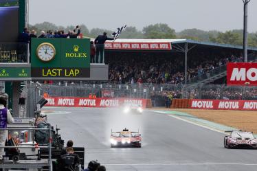 50 FUOCO Antonio (ita), MOLINA Miguel (spa), NIELSEN Nicklas (dnk), Ferrari AF Corse, Ferrari 499P #50, Hypercar, FIA WEC, finish line, arrivee, during the podium of the 2024 24 Hours of Le Mans, 4th round of the 2024 FIA World Endurance Championship, on the Circuit des 24 Heures du Mans, from June 15 to 16, 2024 in Le Mans, France - Photo Javier Jimenez / DPPI