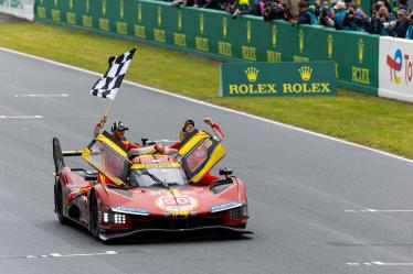 MOLINA Miguel (spa), Ferrari AF Corse, Ferrari 499P #50, Hypercar, FIA WEC, portrait, FUOCO Antonio (ita), Ferrari AF Corse, Ferrari 499P #50, Hypercar, FIA WEC, portrait, NIELSEN Nicklas (dnk), Ferrari AF Corse, Ferrari 499P #50, Hypercar, FIA WEC, portrait during the podium of the 2024 24 Hours of Le Mans, 4th round of the 2024 FIA World Endurance Championship, on the Circuit des 24 Heures du Mans, from June 15 to 16, 2024 in Le Mans, France - Photo Javier Jimenez / DPPI