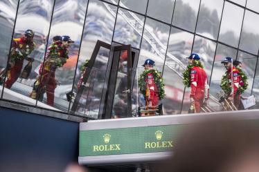 50 FUOCO Antonio (ita), MOLINA Miguel (spa), NIELSEN Nicklas (dnk), Ferrari AF Corse, Ferrari 499P #50, Hypercar, FIA WEC, celebration during the podium of the 2024 24 Hours of Le Mans, 4th round of the 2024 FIA World Endurance Championship, on the Circuit des 24 Heures du Mans, from June 15 to 16, 2024 in Le Mans, France - Photo Charly Lopez / DPPI