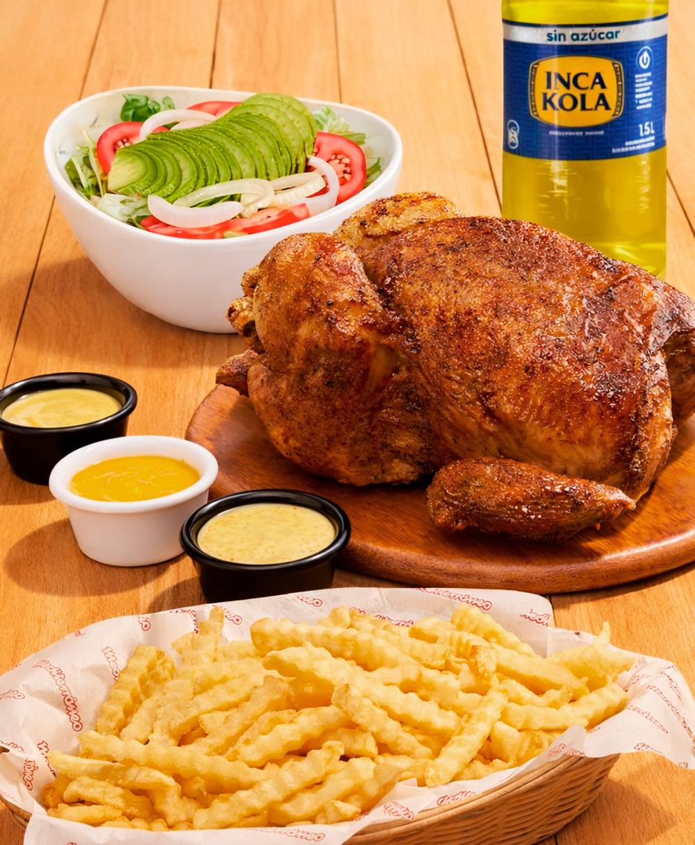 EL CLÁSICO -1 Pollo a la brasa con papas a elección + ensalada a escoger y gaseosa de 1.5 l ó aguas frescas 2 l.