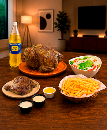 El Súper Clásico-1 pollo a la brasa con papas fritas familiares a elección + ensalada familiar + gaseosa 1.5L o agua fresca de 2L + 1/4 pollo a la brasa (sin papas). 


