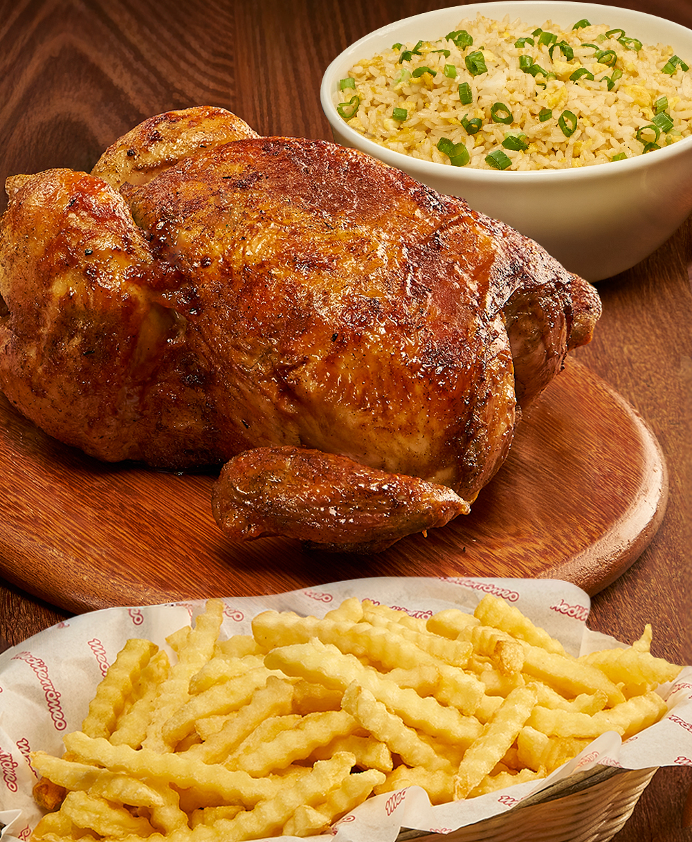 Promo: 1 pollo con papas + chaufa mediano-1 pollo a la brasa, con papas familares a elección y chaufa mediano