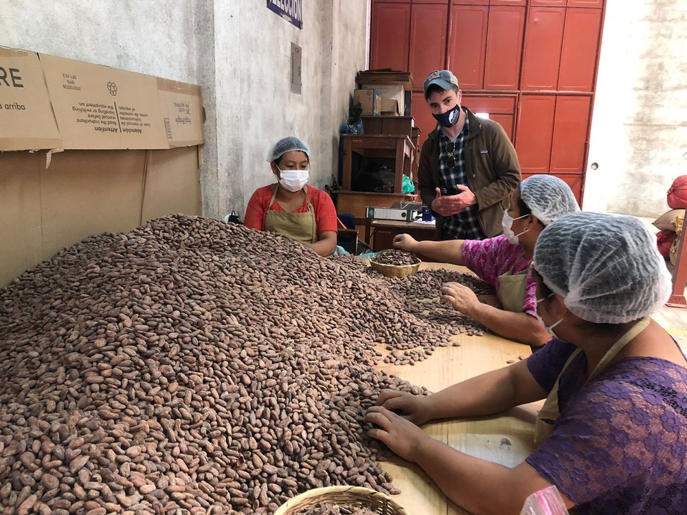 Mike meeting the hand sorting team.&nbsp; Pictured left to right: Amilia in the red shirt has been sorting cacao with CV for 3 years, Olga in the pink shirt has been sorting at CV for 6 years, and Martha in the purple has been sorting with CV for 4