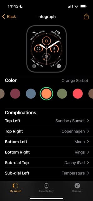Escolhendo a cor do infográfico no Apple Watch