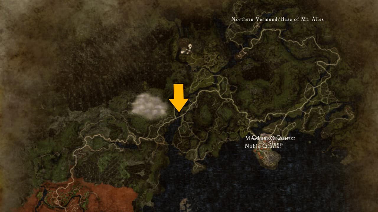 Mapa destacando Misty Marshes em Dragon's Dogma 2