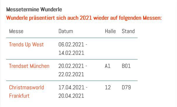 Wunderle Messetermine 2021