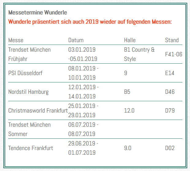 Wunderle Messetermine, Messen Winter 2019, da findet ihr uns, Neuheiten 2019