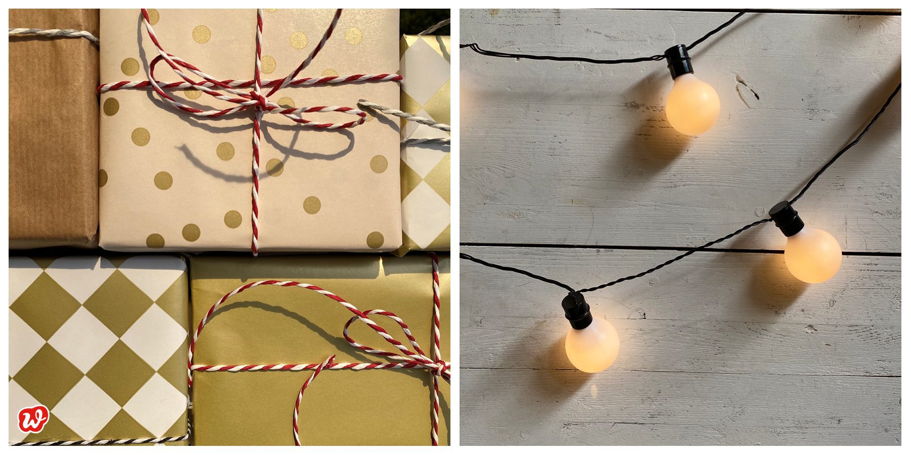 Kollage Stapel Geschenke und Lichterketten