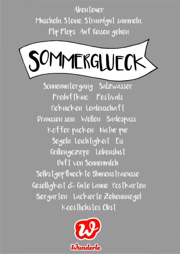 Sommerglück, Textbild, Lettering, Assoziationen Sommer, Lieblingsbeschäftigungen Sommer