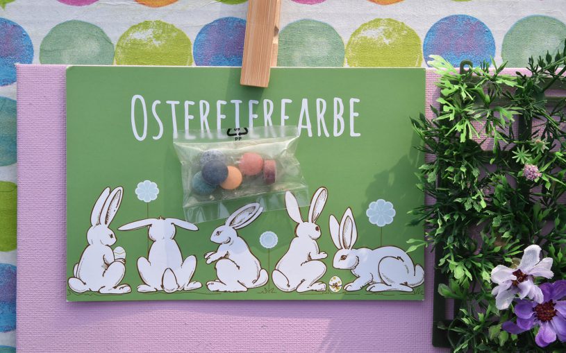 Wunderle, Wundertüte, Wunderle Postkarte, Ostereierfarbe, Detail, warmherzige Mitbringsel, liebevolle Keinigkeiten, Ostern, Frühling, Vorfreude, Geschenkideen, gefertigt in Werkstätten für behinderte Menschen