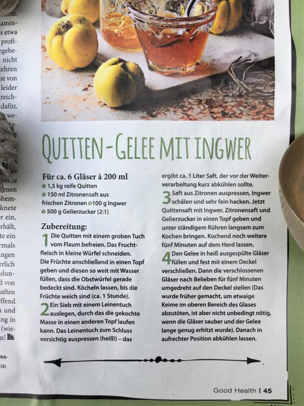 Good Health, Rezept, Zeitschrift, Lecker, Quittengelee mit Ingwer, Herbstküche, Herbstzeit