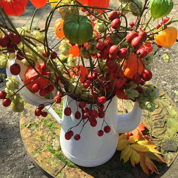 Herbststrauß, rot, orange auf bemostem Gartentisch mit Essigbaumblättern