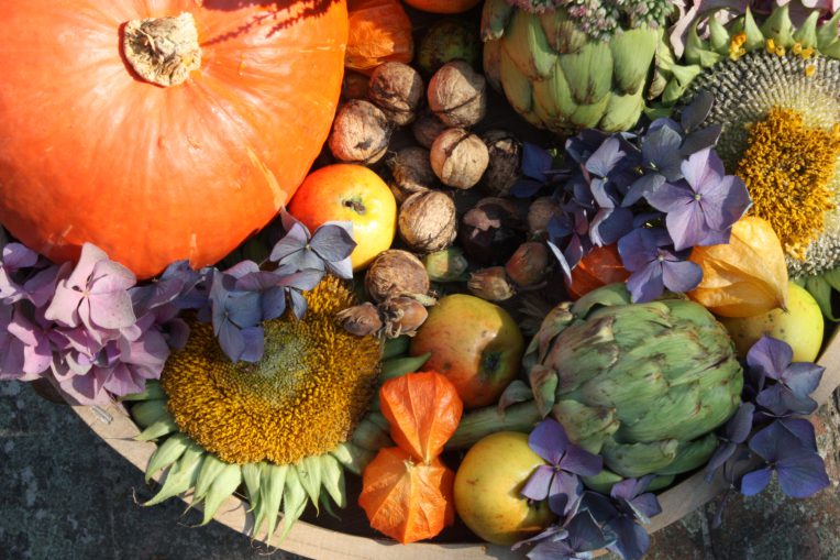 Herbstboten kunterbunt auf rundemTablett von oben