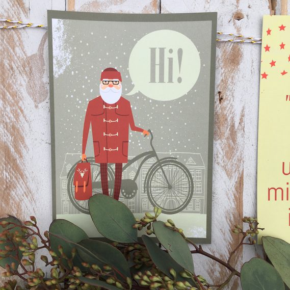 Postkarte schlanker Nikolaus mit Fahrrad