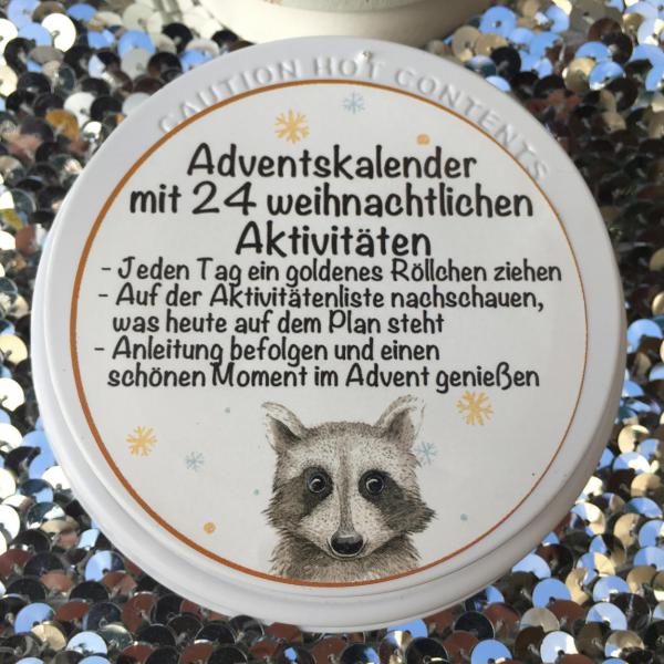 Adventskalender To Go, Deckel, Anleitung,Advent weihnachtliche Aktivitäten, Waschbär, 