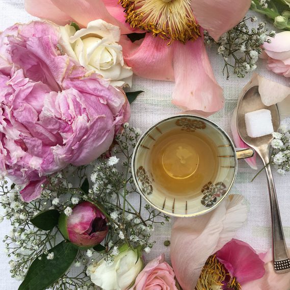 Verblühte Pfingstrosen und andere Blumen mit halbleerer Teetasse und Silberlöffel mit Zuckerwürfel