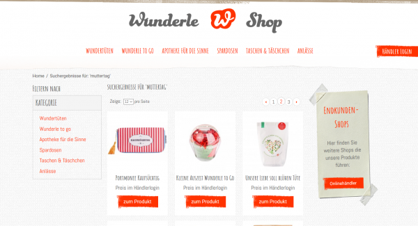 Wunderle Händler Shop, Screenshot, Muttertagsartikel Wunderle, Muttertag, Geschenkideen, kleine Wunder, gefertigt in Werkstätten für behinderte Menschen