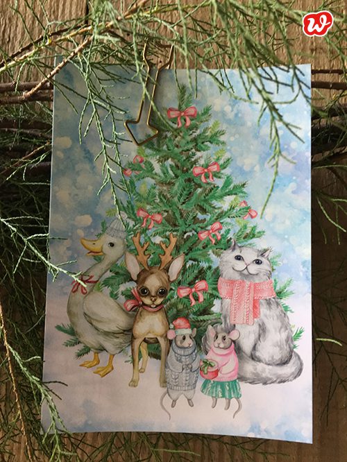 Wunderle Postkarte Tierbande am Tannenbaum