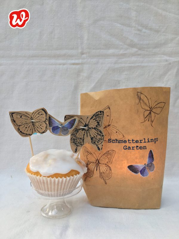 Wunderle Schmetterlingsgarten, Insektenrettung, DIY, Kuchentopper, Teelichttüte, gefertigt in Werkstätten für Menschen mit Behinderung, Geschenk, Geschenkideen