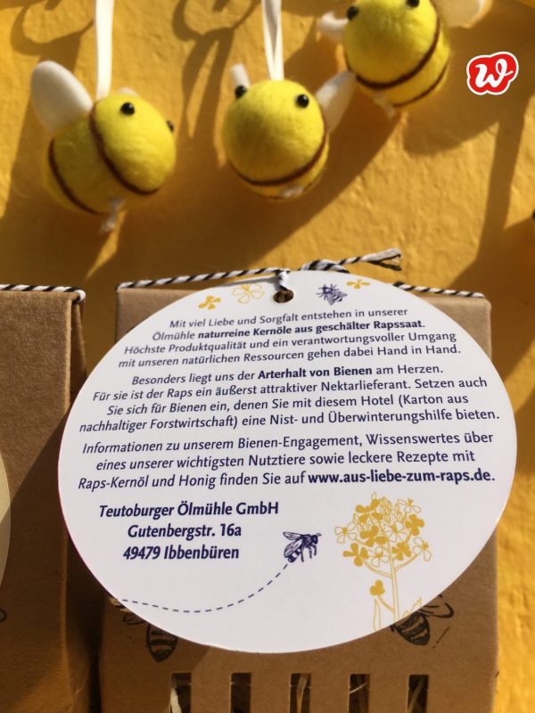 Bienenhotel, Teutoburger Ölmühle, individualisierte Werbegeschenke, Hangtag, Bienenrettung, Filzbienen