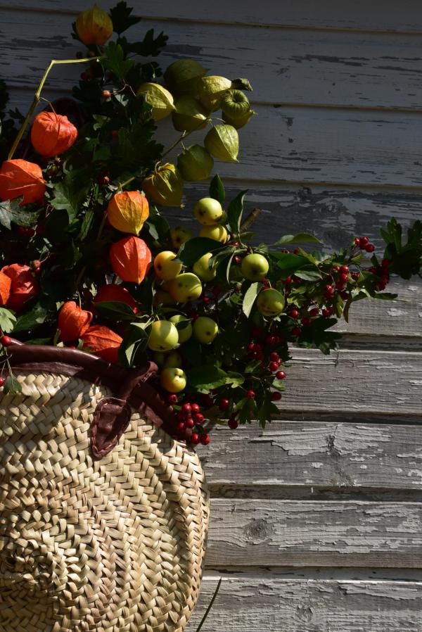 Herbstkorb, Herbstboten, Lampionblumen, Wildäpfel, Beeren