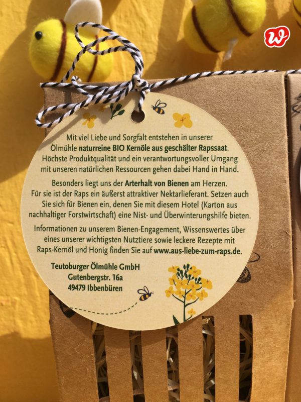 Bienenhotel, Teutoburger Ölmühle, individualisiertes Werbegeschenk, Hangtag, was eigenes