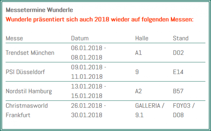 Wunderle Messetermine 2018, Hier findet ihr uns im Januar