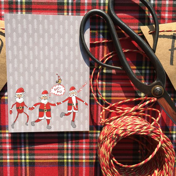 Postkarte Tanzende Nikoläuse, HoHoHo, Wunderle, Geschenkideen, Weihnachten, die kleinen Gesten, Detail Wundertüte