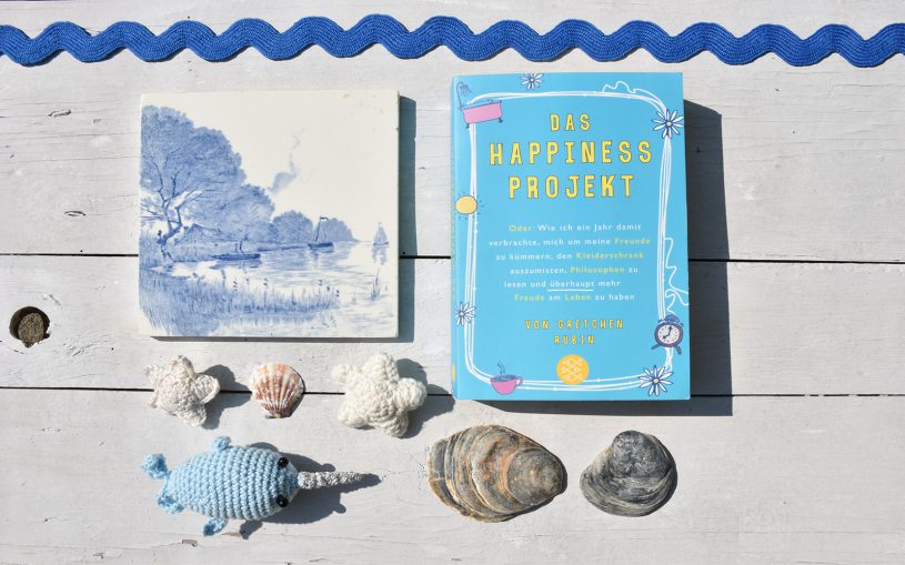 Buch Das Happiness Projekt mit Fliese, Musckeln, Schwertfisch auf hellem Holz